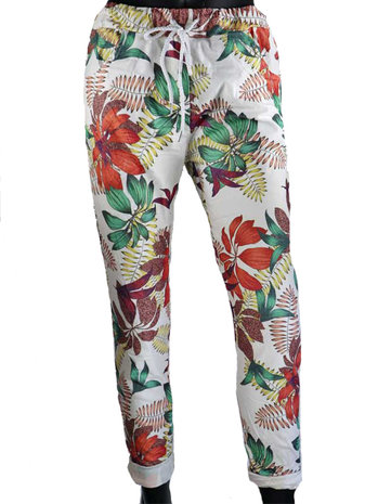 Dames comfy broek met tropical print - rood / bordeaux
