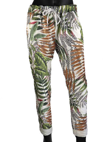 Dames comfy broek met tropical print - bruin / groen