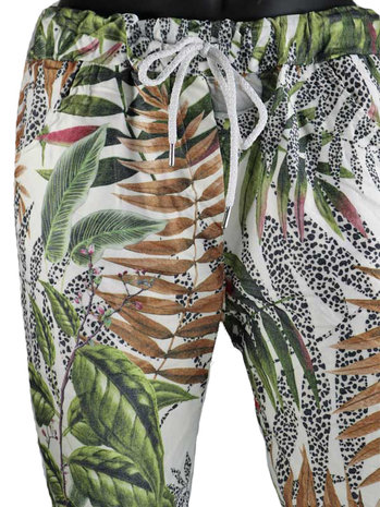 Dames comfy broek met tropical print - bruin / groen