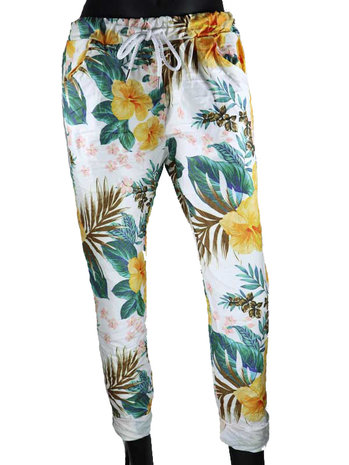 Dames comfy broek met bloemenprint - geel / wit