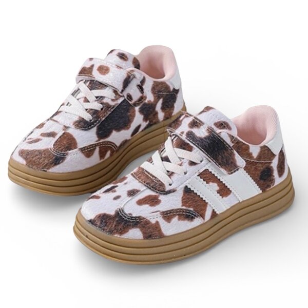 Kinder meisjes retro sneakers met koeienprint, Rock &amp; Joy - wit/bruin