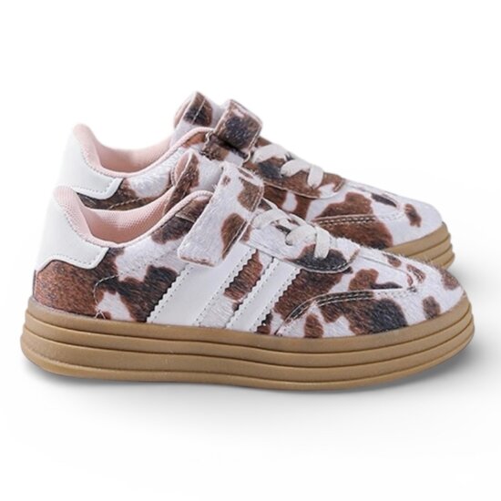 Kinder meisjes retro sneakers met koeienprint, Rock &amp; Joy - wit/bruin