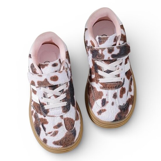 Kinder meisjes retro sneakers met koeienprint, Rock &amp; Joy - wit/bruin