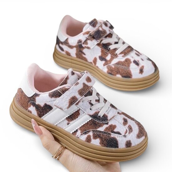 Kinder meisjes retro sneakers met koeienprint, Rock &amp; Joy - wit/bruin