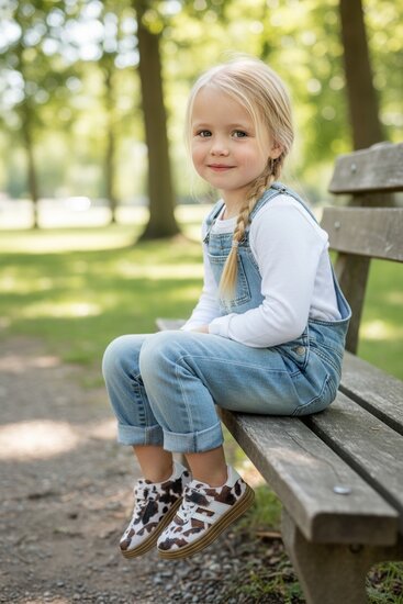 Kinder meisjes retro sneakers met koeienprint, Rock &amp; Joy - wit/bruin