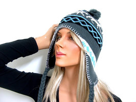 Gebreide pilotenmuts - grijs / blauw