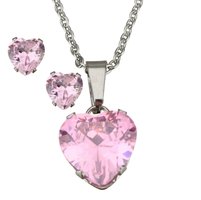Set ketting & oorbellen edelstaal - hart / roze