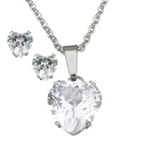 Set ketting & oorbellen edelstaal - hart / wit