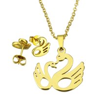 Set ketting & oorbellen edelstaal - zwaan / goud