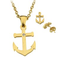 Set ketting & oorbellen edelstaal - anker / goud