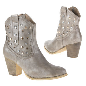 Dames cowboy laarzen / enkellaarsjes met studs - zilver/beige